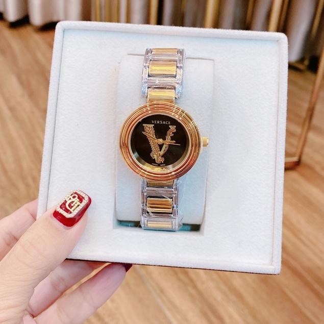 Đồng hồ đeo tay thời trang nữ VERSACE dây kim loại thép không gỉ mạ vàng mặt tròn đính đá cao cấp chống nước chống xước | BigBuy360 - bigbuy360.vn