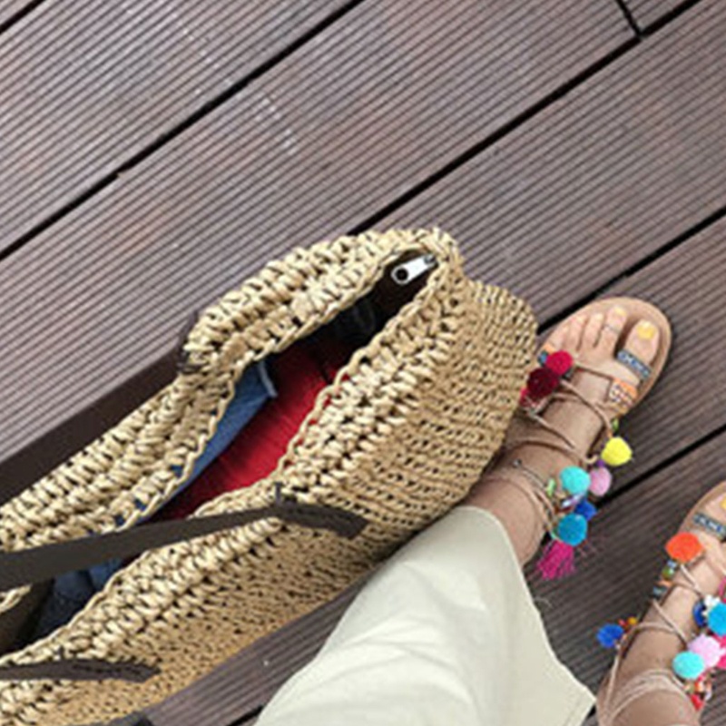 Túi Xách Sức Chứa Lớn Bằng Rơm Bện Với Tay Cầm Giả Da Khóa Kéo Phong Cách Bohemian Vintage Cho Nữ