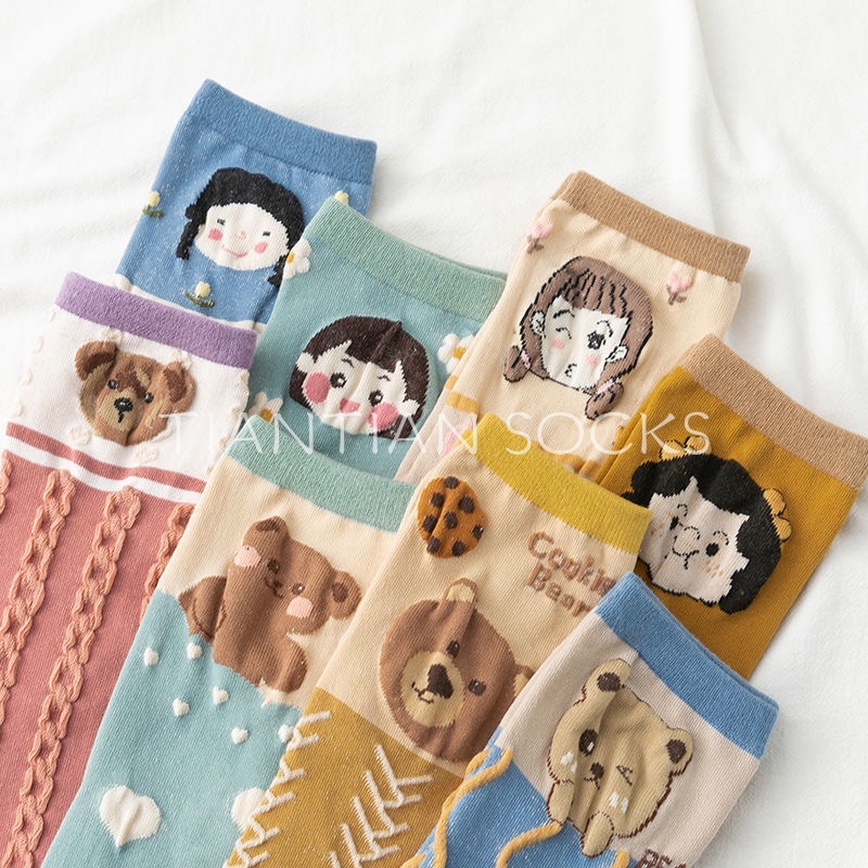TIAN TIAN T064 Hàng mới về Tất nữ Vớ  cổ cao vừa in hình gấu hoạt hình sáng tạo phong cách Hàn Quốc dễ thương