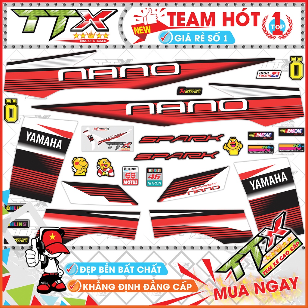 Tem xe sirius nano trắng đỏ đen , Tem dán xe sirius spack nano đỏ trắng đen đẹp , Shop Team sirius đỏ đen
