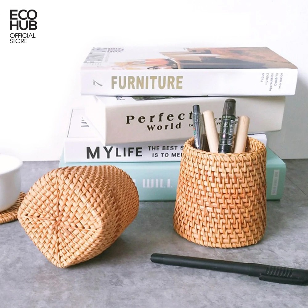 Cốc Mây Guột cắm Hoa khô / Văn phòng phẩm / Decor. 10x9cm (Rattan Utensil Holder) | EH027