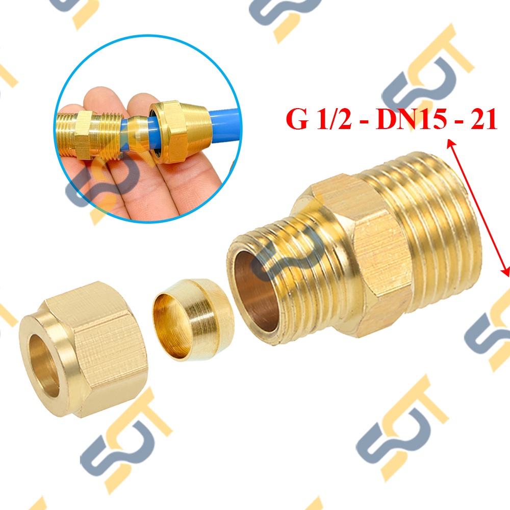 [HẠT BẮP &amp; NHẪN] Thẳng G 1/2 (21) ren ngoài kết nối ống nhựa PU &amp; ống đồng (Compression Male Connector) - Kép &amp; Cút NPT
