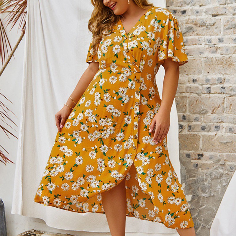 Summer Beach Floral Dress Women Long Dress Ladies Elegant Party Dress Print Oversized Dresses for Women Yellow XL