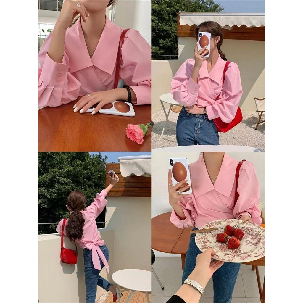 62224 Áo Sơ Mi Ngắn Thắt Nơ Chéo Màu Trơn Cỡ Lớn Kiểu Pháp