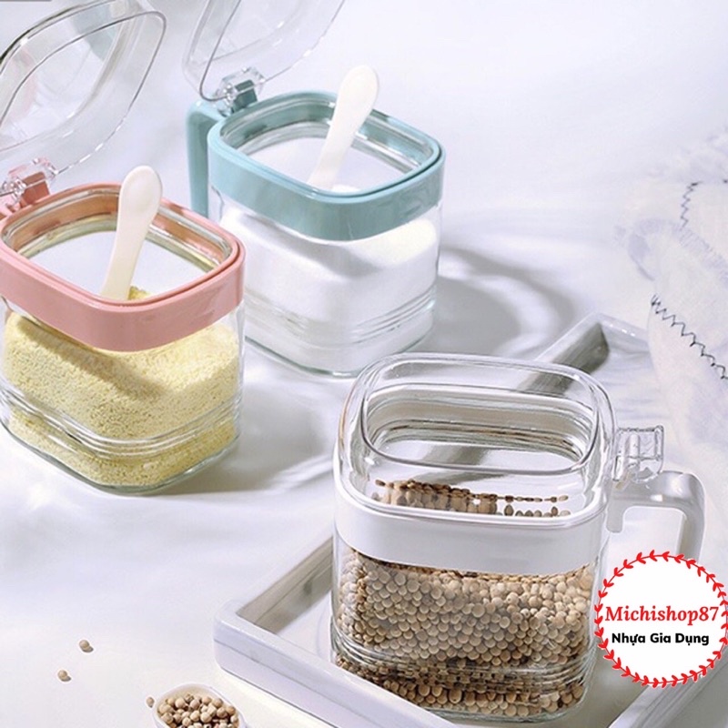 Lọ Đựng Gia Vị Có Nắp Đậy Kèm Thìa Hokori Nhựa, Thủy Tinh Cao Cấp, Hũ Đựng Gia Vị Có Nắp Đậy Cỡ Lớn
