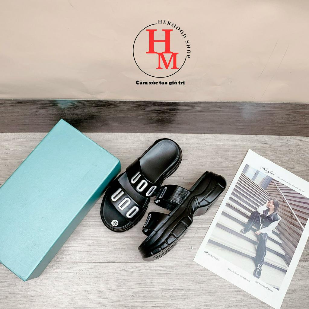 Dép 2 quai ngang nữ thêu chữ UOO đế cao siêu nhẹ êm chân cao cấp 2023 2 màu HERMOOD
