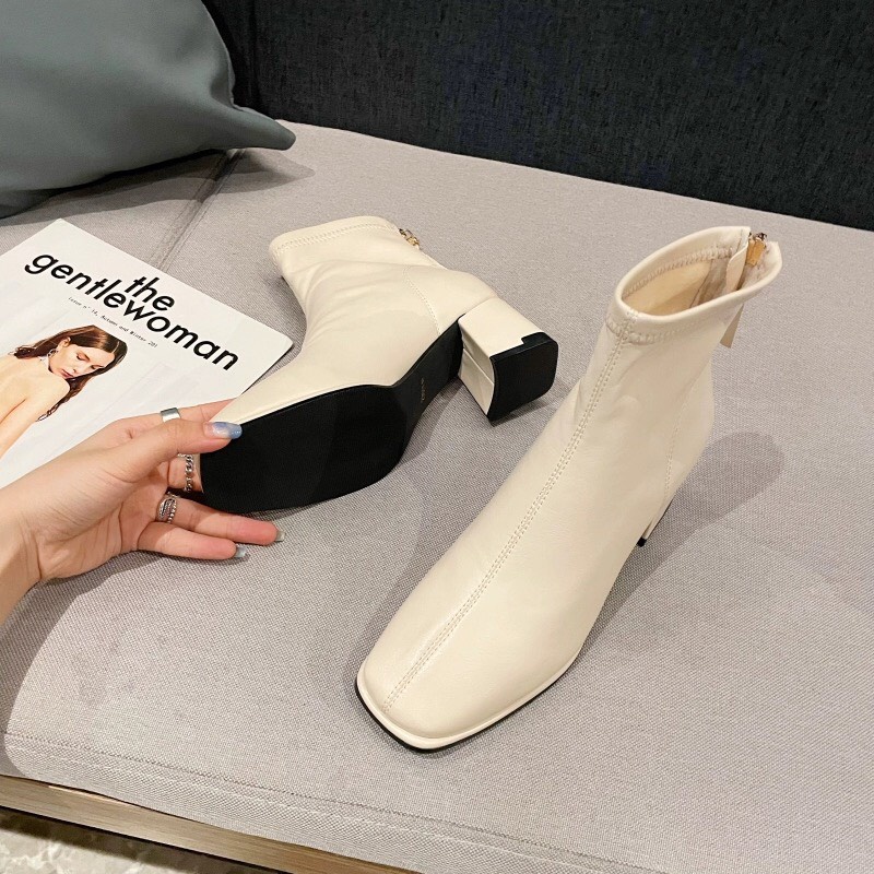 FREESHIP Giày bốt nữ cao cổ có lót nỉ kéo khóa sau gót vuông 5p hàng fullbox