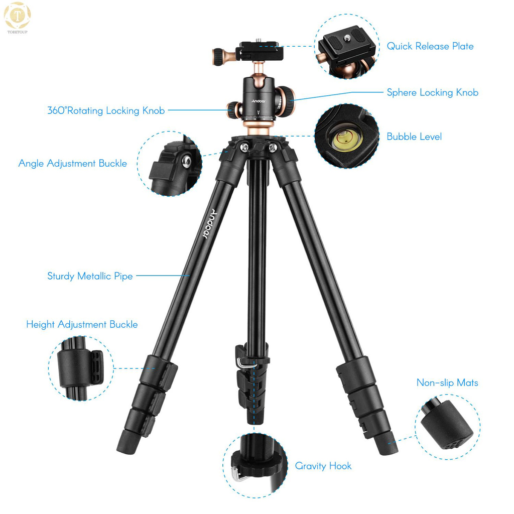 Shipped within 12 hours】 Andoer Q160SA Camera Tripod Complete Tripods with Panoramic Ballhead Bubble Level Adjustable Height Portable Travel Tripod for DSLR Digital Cameras Camcorder Mini Projector Compatible with Canon Nikon Sony Tripod [TO]