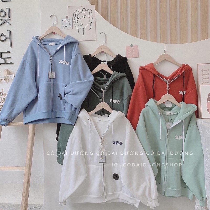 )Áo Khoác,Áo Hoodie Nữ SEE Form Rộng Chất Nỉ Khoá kéo kèm mũ☘️Unisex Basic Sweater | BigBuy360 - bigbuy360.vn