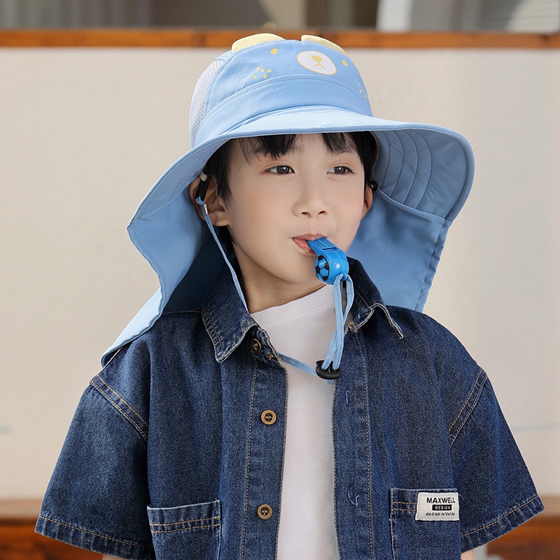 Mũ rộng vành, che gáy chống nắng chống tia UV họa tiết gấu dễ thương cho bé