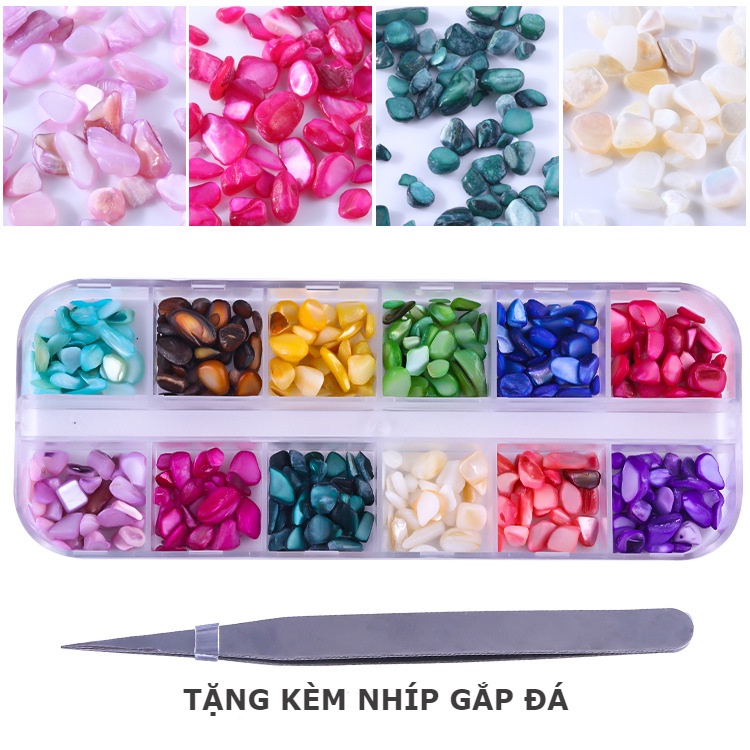 Đá đính móng nail khay sỏi 12 màu mix size tặng kèm nhíp gắp đá , đá sỏi gắn trang trí móng chuyên dụng