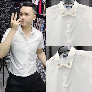 Áo Sơ Mi Nam Ngắn Tay Vải Lụa Cao Cấp, Áo Sơ Mi Trắng Đen Đính Cổ Dáng Ôm Form Body, T-man