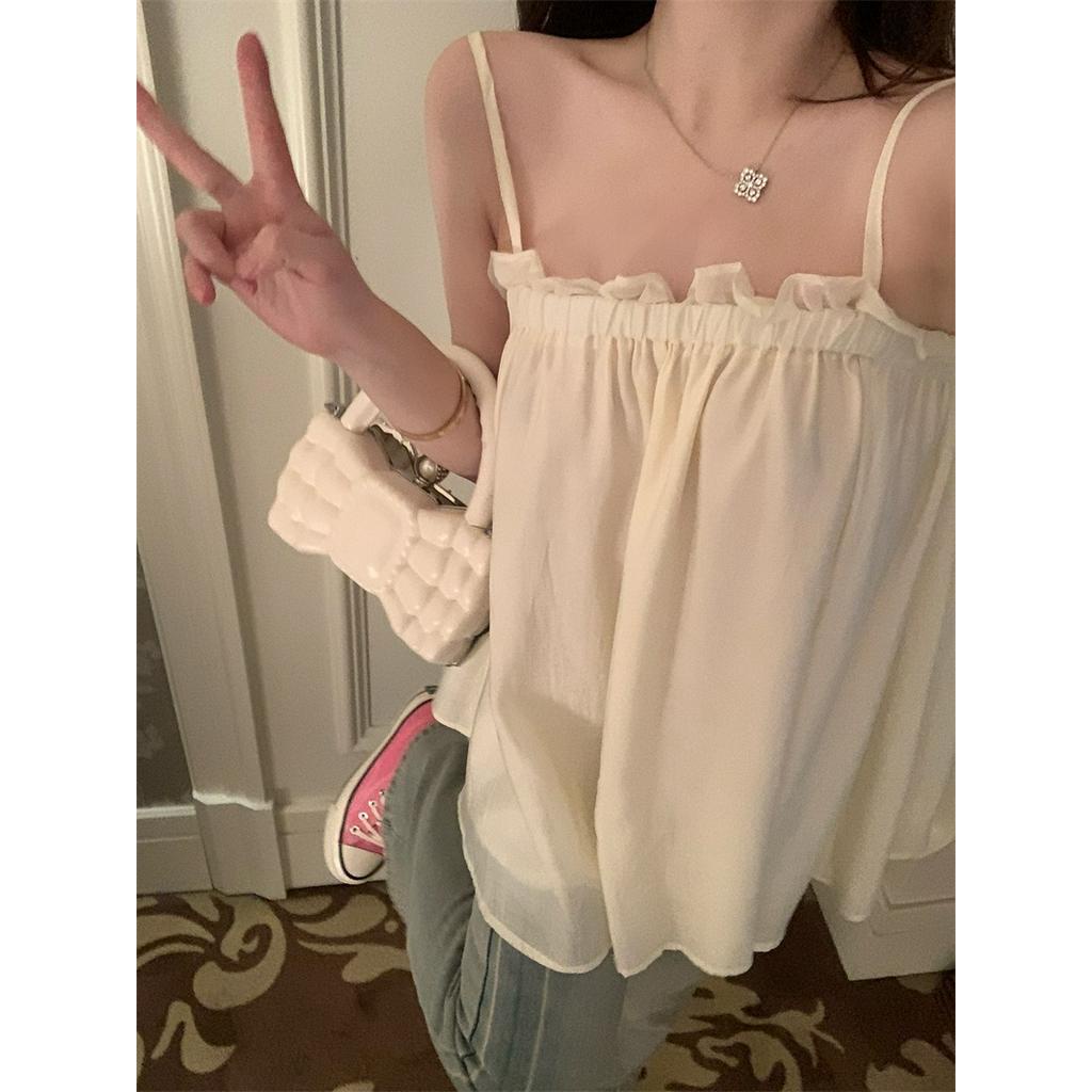 Áo Voan Hai Dây Không Tay Viền Gỗ Kiểu Dáng Ngọt Ngào Nữ Tính