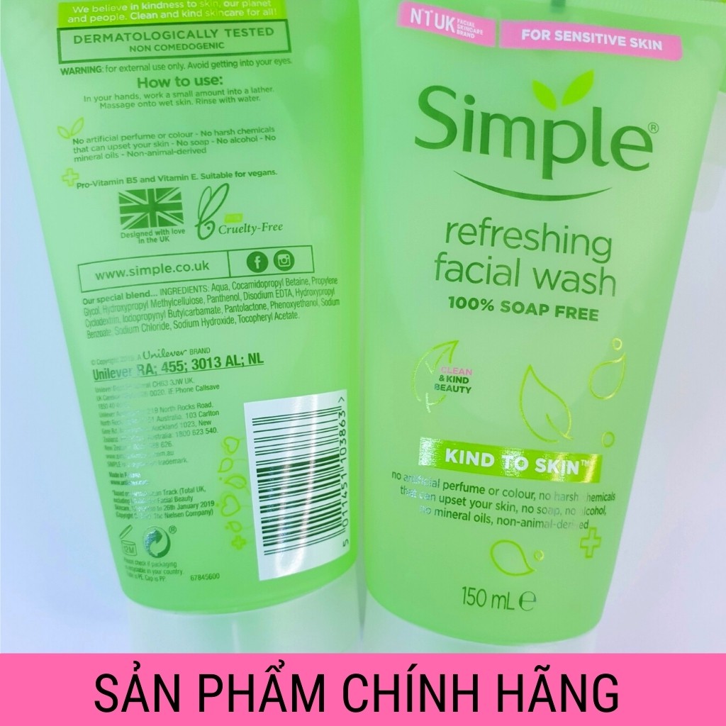 Sửa rửa mặt SIMPLE Refreshing Facial Wash Gel cho da nhạy cảm 150ml - ZAVENCI Official | BigBuy360 - bigbuy360.vn