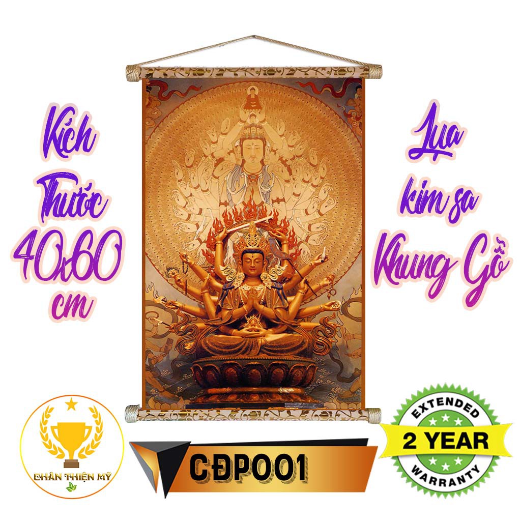 Tranh lụa kim sa Phật Chuẩn đề khung gỗ 40x60cm