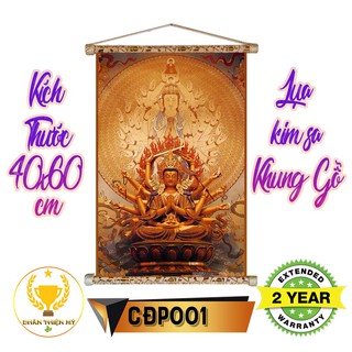 Tranh lụa kim sa Phật Chuẩn đề khung gỗ 40x60cm