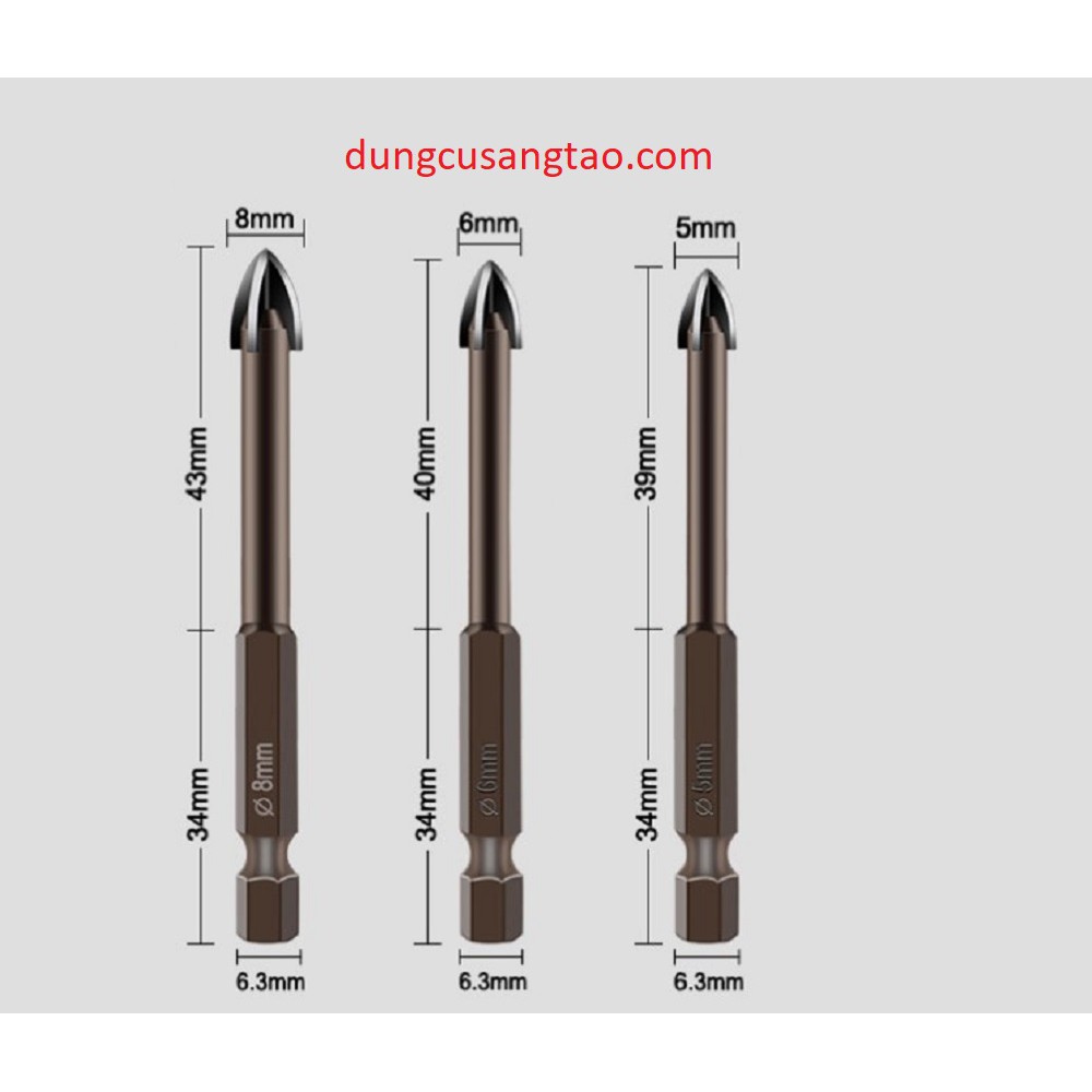 Mũi khoan gạch, đá, kính, bê tông đa năng (bộ 3 mũi: 5mm, 6mm, 8mm)