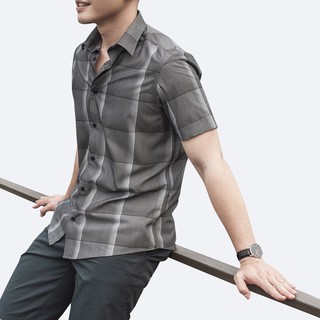 Áo sơ mi nam ngắn tay TQQ chất vải thoáng mát co dãn K347CB màu ghi kẻ ombre