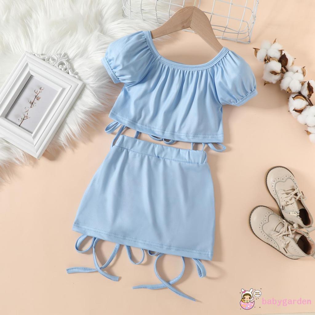 BABYGARDEN-Baby Girls 1-5Year Two-Piece Outfits, Solid Color Tie-Up Straps Pleated Clothes Suit, Short Puff Sleeve Crop Tops + Elastic Waist Skirt Set