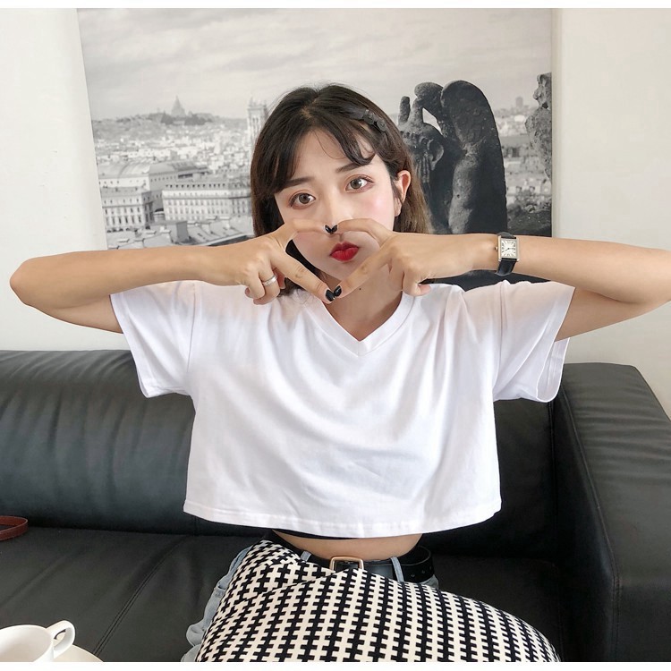 [FREESHIP] Áo Thun Croptop Cổ Tim 🌟 Áo Croptop Nữ Cổ V Tay Lỡ Form Rộng Chất Cotton Mịn Xịn .