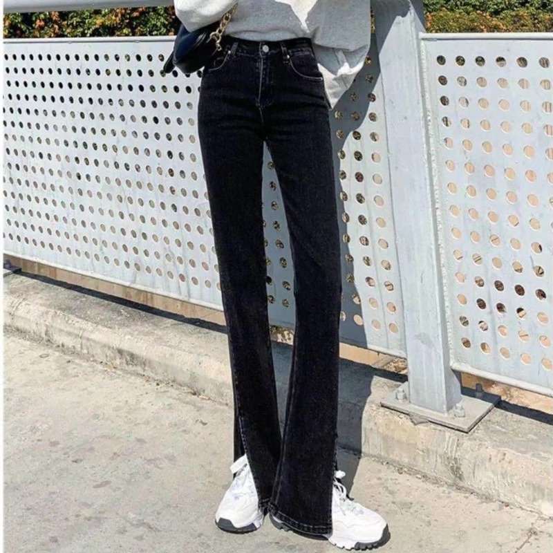 Quần Jean Dài Lưng Cao Ống Loe Xẻ Tà Màu Đen Thời Trang Mùa Thu Cá Tính Cho Nữ