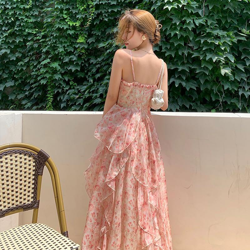 Jiashucheng Đầm Hai Dây Dáng Dài Họa Tiết Hoa Thời Trang Mùa Hè Phong Cách Pháp Cho Nữ
