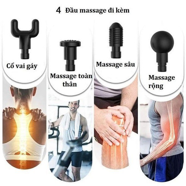 Súng massage fascial gun 4 đầu 6 chế độ, giảm căng cơ trị nhức mỏi vai gáy