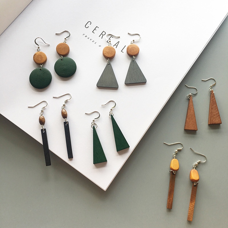Đôi Khuyên Tai Dài Kiểu Hình Học Bằng Gỗ Thời Trang Hàn Quốc Cho Nữ