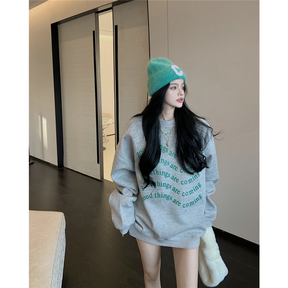 Áo nỉ tay dài dáng rộng in chữ phong cách Hàn Quốc thời trang cho nữ | BigBuy360 - bigbuy360.vn