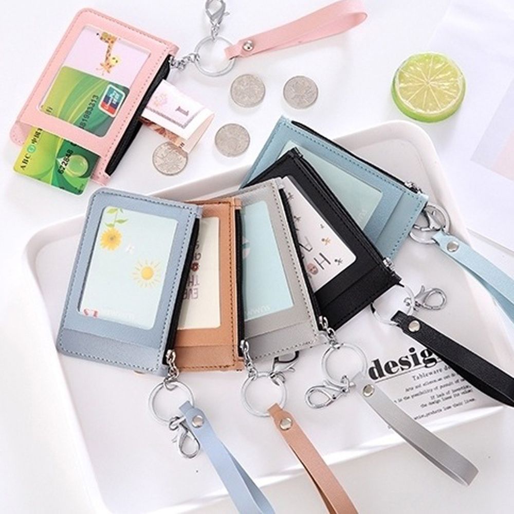Ví đựng thẻ ID bằng da PU hai mặt có móc khóa phong cách Hàn Quốc nhiều màu tùy chọn