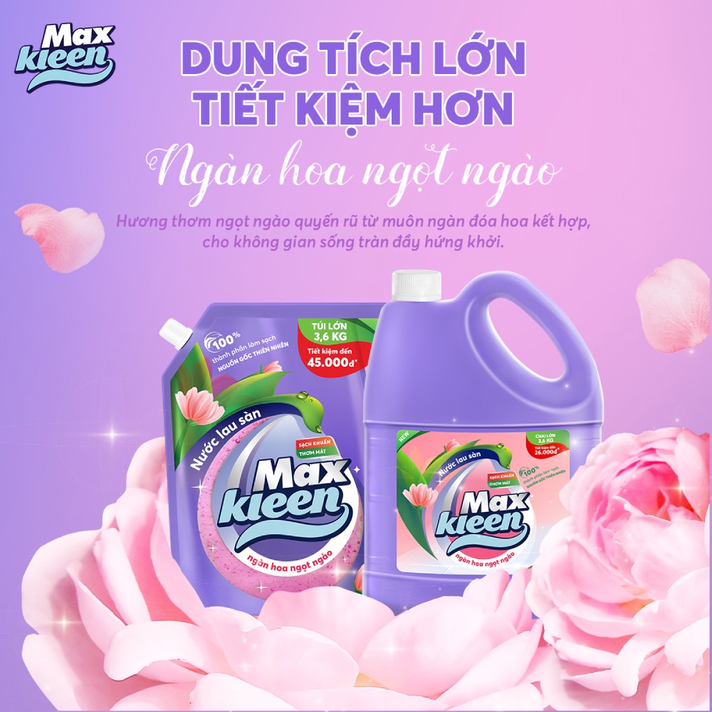 Chai Nước Lau Sàn MaxKleen 3.6kg + Túi Nước Giặt xả 600g Hoa Huyền Diệu