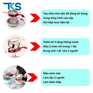 Nồi lẩu điện đa năng mini kèm giá hấp tay cầm dài tiện dụng 18cm - TẶNG KHĂN LAU TAY