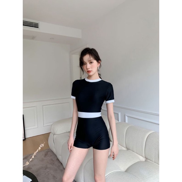 Bikini 1 mảnh đen eo trắng khoá kéo lưng