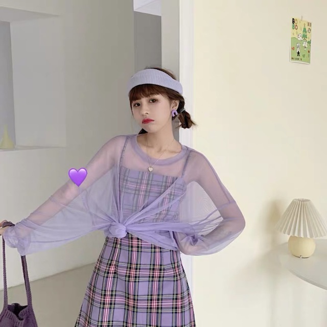 SẴN | Set váy hai dây tím , áo lưới ulzzang