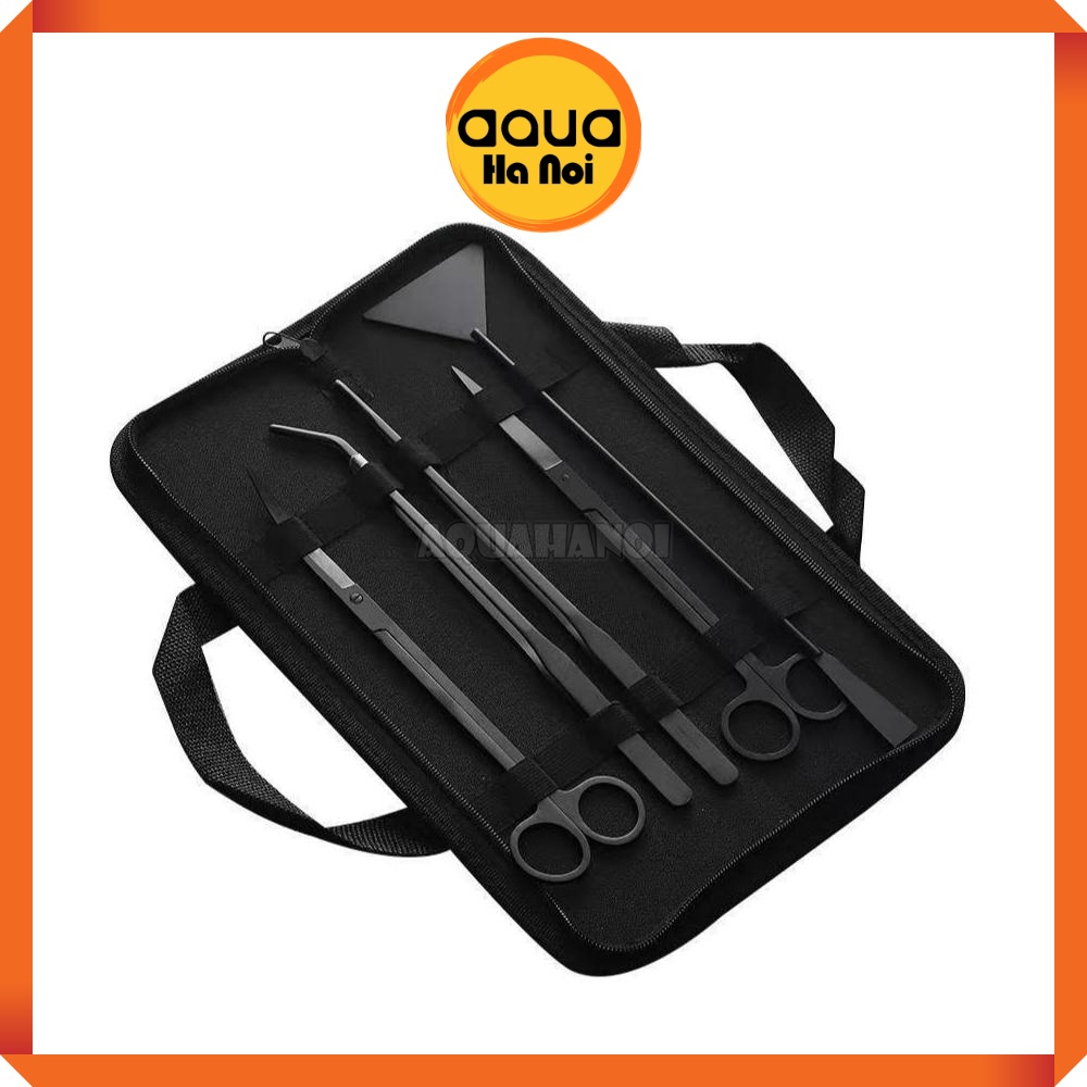Bộ kéo nhíp inox/carbon đen 5 món - cắt, trồng cây thủy sinh, vệ sinh hồ cá - Tặng kèm túi đựng vải
