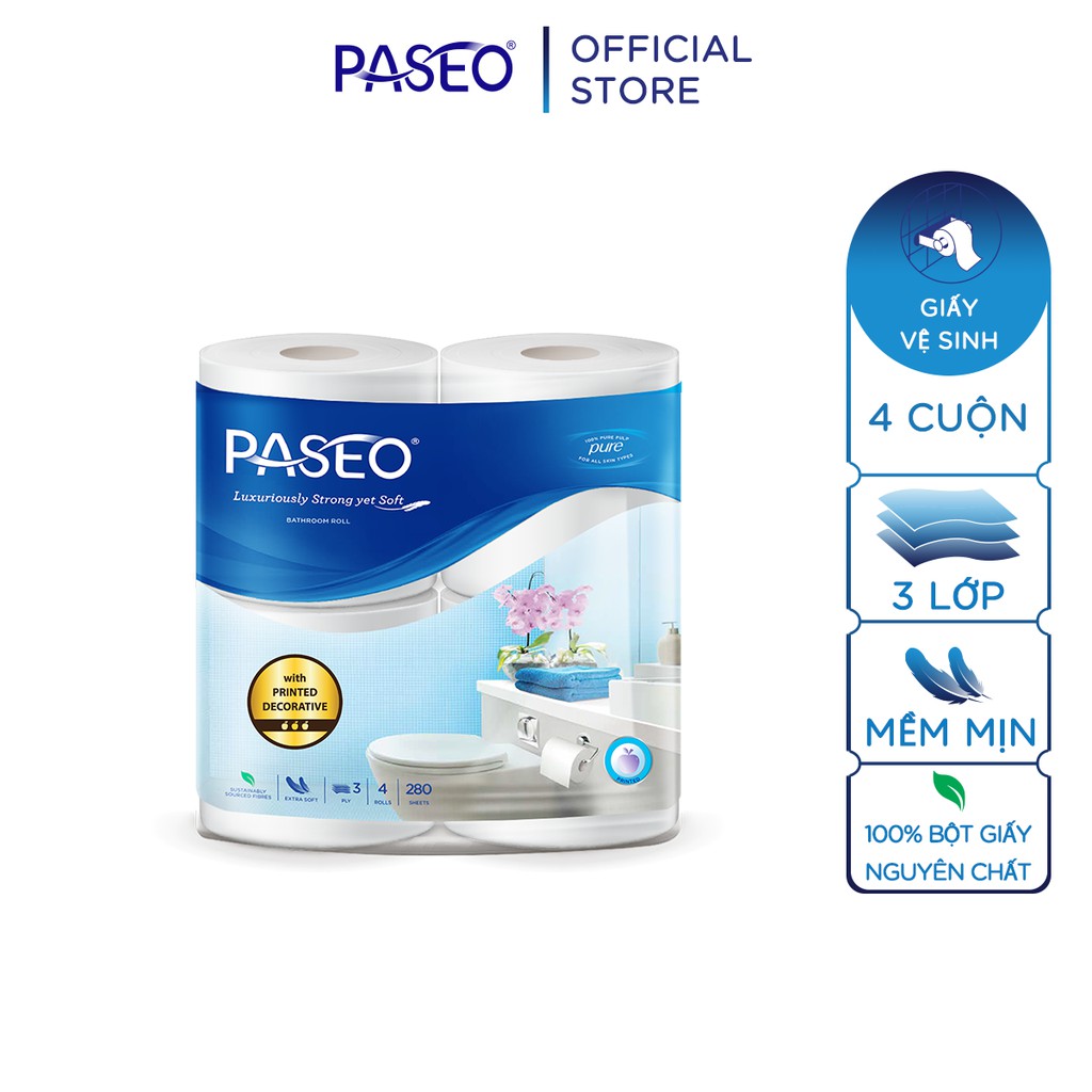 [Mã LTBAUAB8 giảm 7% đơn 99K] Giấy vệ sinh cao cấp Paseo dai, mềm mịn trơn/in hoa (4 cuộn 3 lớp)/lốc