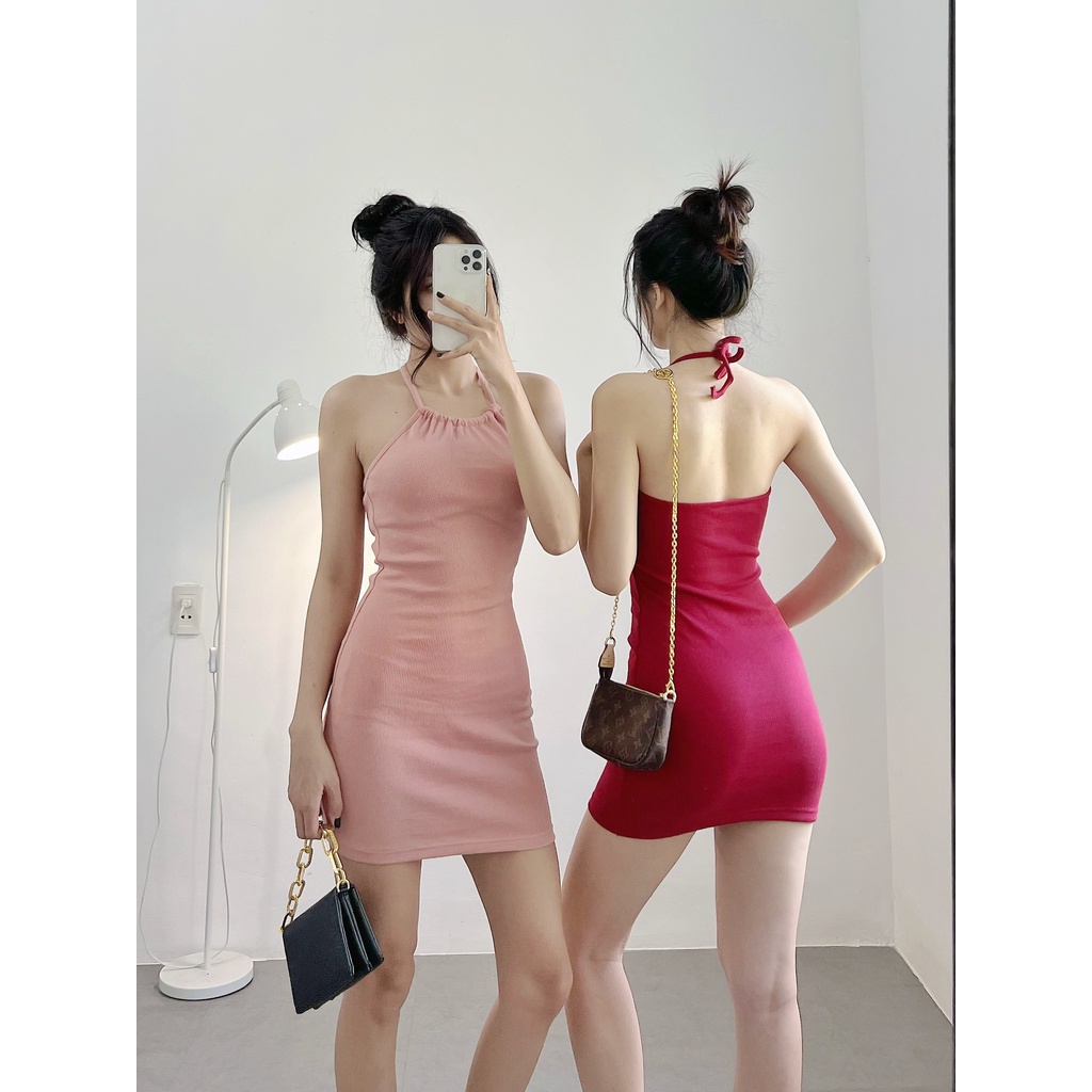 Đầm body yếm HHVINTAGE kiểu cột dây, dáng ngắn