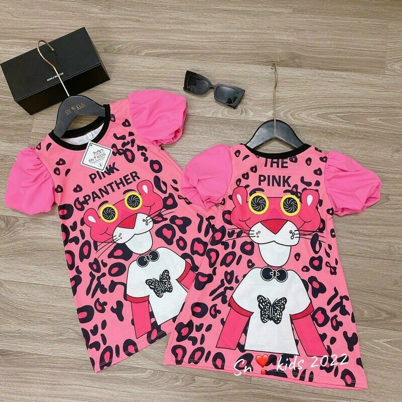 đầm dáng suông rộng chú báo hồng tay phồng k