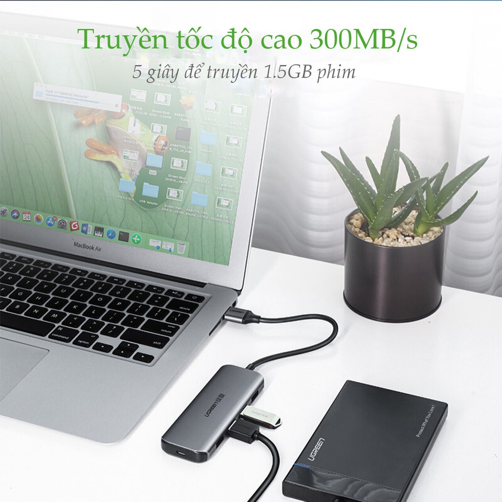 Bộ chia USB 3.0 ra 4 cổng UGREEN 50768 vỏ nhôm, dài 15cm, hỗ trợ đọc ổ cứng HDD, SSD lên tới 6TB