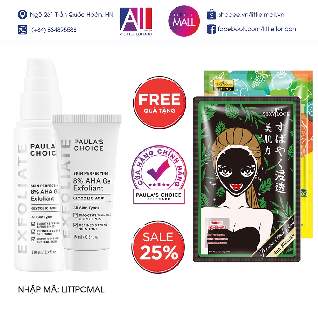 Gel tẩy tế bào chết Paula's Choice skin perfecting 8% AHA gel exfoliant TẶNG mặt nạ Sexylook