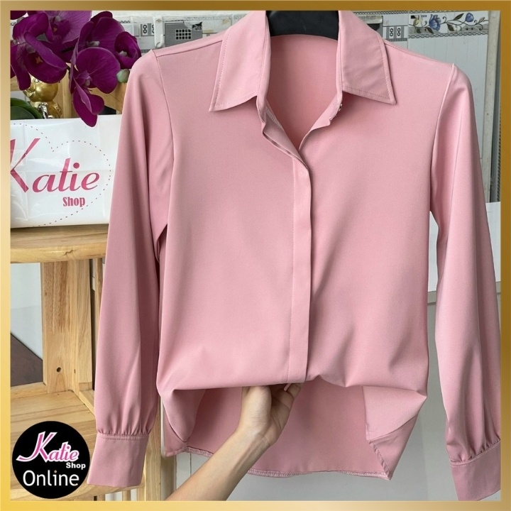 Áo Sơ Mi Nữ Màu Hồng Katie Sơ Mi Tay Dài Chất Áo Lụa Ngọc Trai Cao Cấp Nhiều Màu Sang Trọng Mềm Mịn Không Nhăn Al