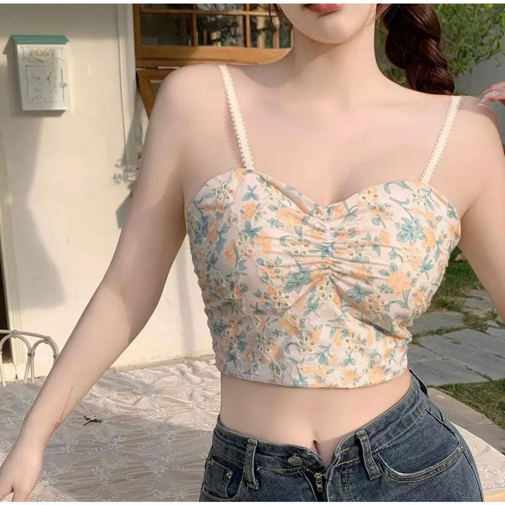 Áo Bra Nữ Croptop Hai Dây Cổ Chữ V Họa Tiết Hoa Ngọt Ngào Hàn Quốc Siêu Xinh 387