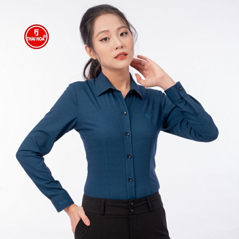 CHÍNH HÃNG THÁI HOÀ Mẫu mới Áo sơ mi vải sợi tre cao cấp màu xanh 9002