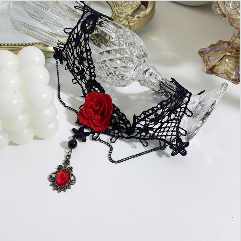 Vòng cổ nữ dây chuyền choker vải ren hoa hồng đỏ cá tính