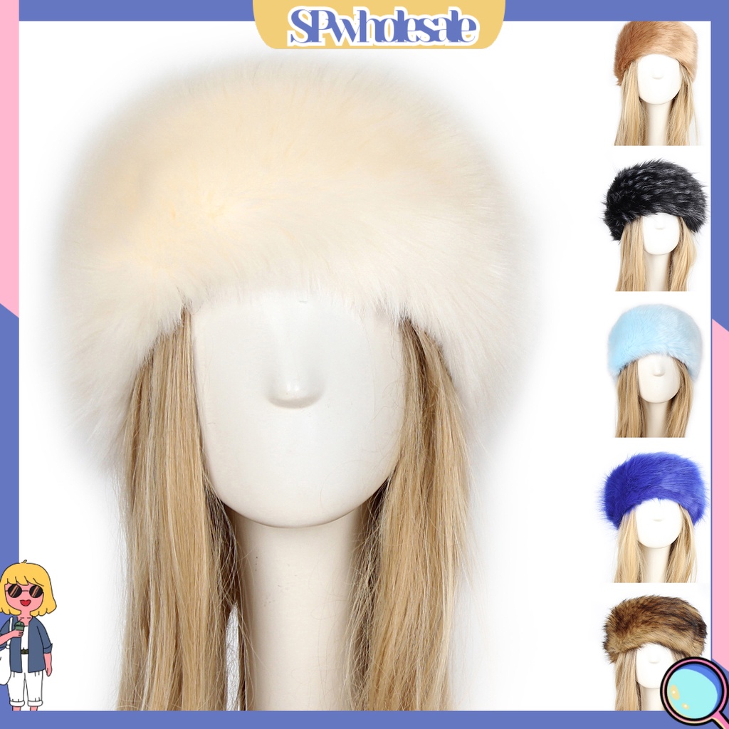 &lt; Stpw &gt; Mũ Turban Rộng Vành Phối Lông Giả Dày Dặn Dễ Phối Đồ Trượt Tuyết Cho Nữ