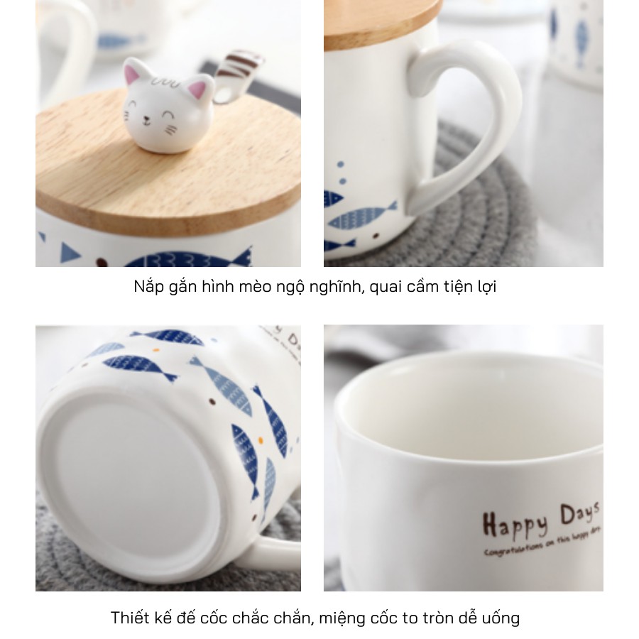 Ly sứ uống nước Happy Days dễ thương 400ml, cốc sứ có nắp đậy uống cafe kèm thìa | BigBuy360 - bigbuy360.vn