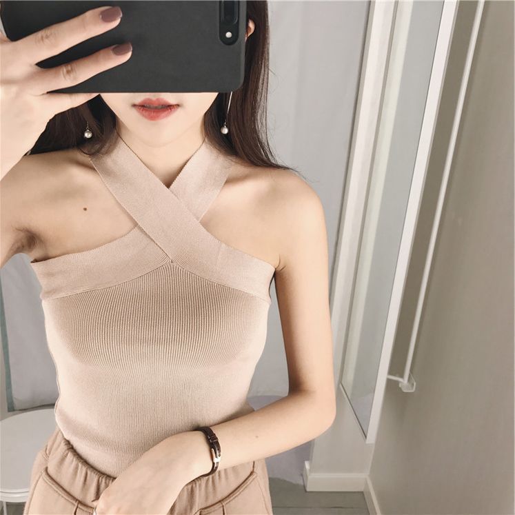 áo hai dây kiểu hàn áo 2 dây nữ croptop len áo cổ yếm bản to tiểu thư