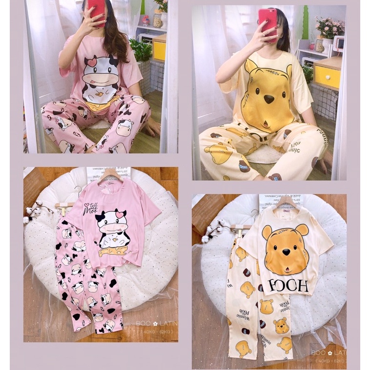 Đồ ngủ, đồ bộ mặc nhà lụa Latin cổ tròn mẫu gấu xinh xắn 40-63kg | BigBuy360 - bigbuy360.vn