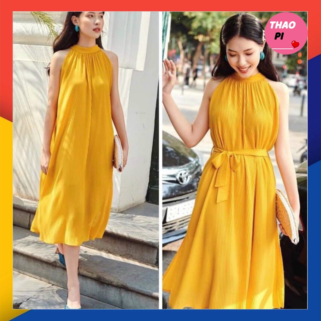 Đầm dáng suông dập ly cổ yếm cột nơ siêu đẹp hình thật trải sàn