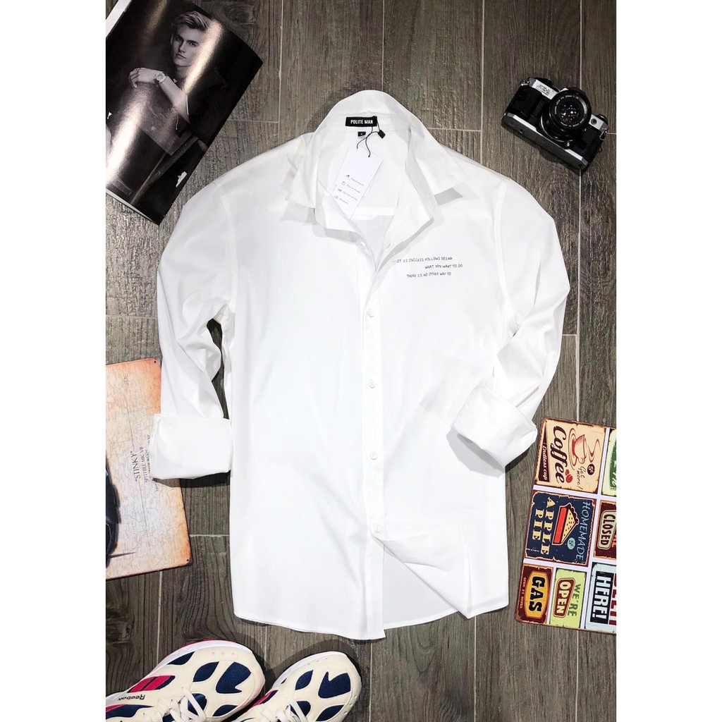 Áo Sơ Mi Trắng Phối Chữ Polite Man Dáng Ôm Nhẹ Sơ Mi Nam Dài Tay Trắng Cổ Bẻ Cotton Thái Chống Nhăn Chống Xù
